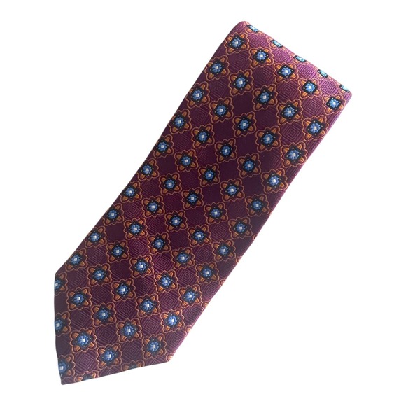 Harold Powell Silk Tie Magenta Foulard Blue Geometric Repeat Made in USA - Picture 1 of 5